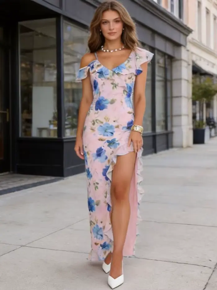 Robe longue plissée à manches volantées pour femme, chic, col en V profond, imprimé floral, sexy, ci