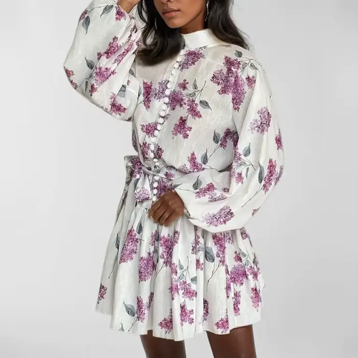Robe mini élégante pour femme à manches longues avec ceinture et imprimé Toile de Jouy