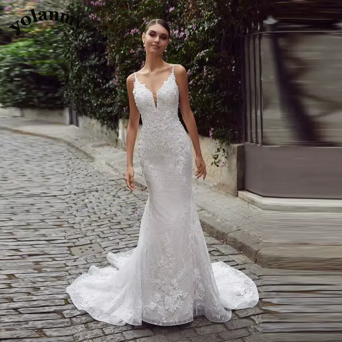 YOLANMY moderne bretelles Spaghetti robes De mariée pour les femmes col en v Appliques sirène dos nu