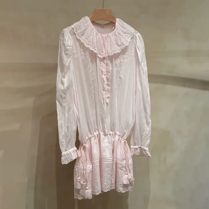 Robe pull rose brodée pour femme, col rabattu, taille élastique, manches longues, mini-robe douce po