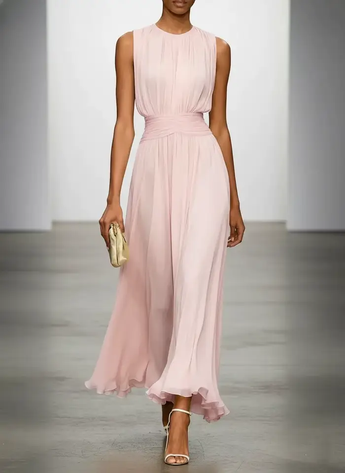 Robe longue en mousseline de soie pour femme, col rond, sans manches, taille torsadée froncée, ferme