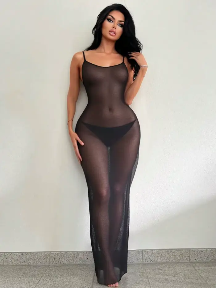 Robe sexy une pièce pour femme, unie, transparente, légèrement transparente.