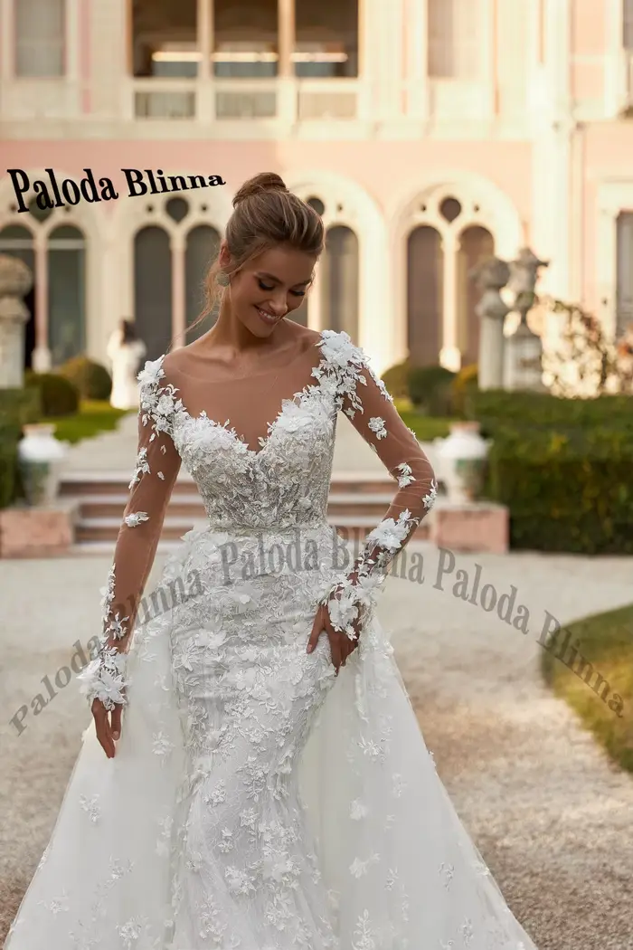 Paloda luxueux col bateau robe De mariée pour les femmes mariée manches longues détachable Train sirène Vestido De Casamento personnalisé