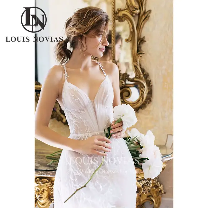 Robe de mariée A-Line en tulle perlé avec licou sexy, col en V, dos nu et lacets pour femmes - Occasions spéciales