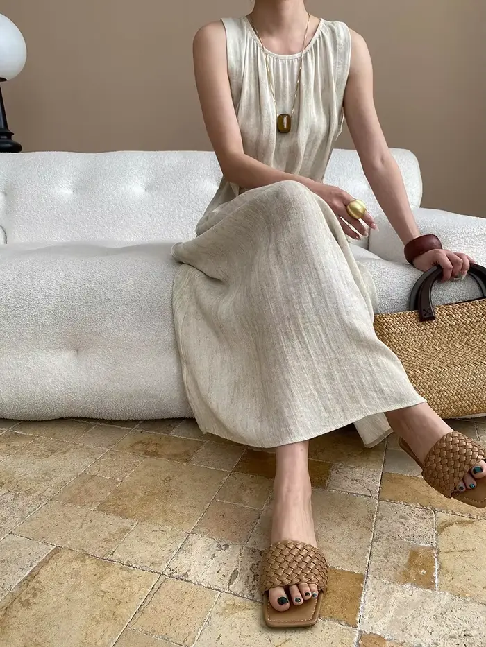 Robe ample décontractée sans manches en soie avec broderies et appliques pour femmes, printemps et été