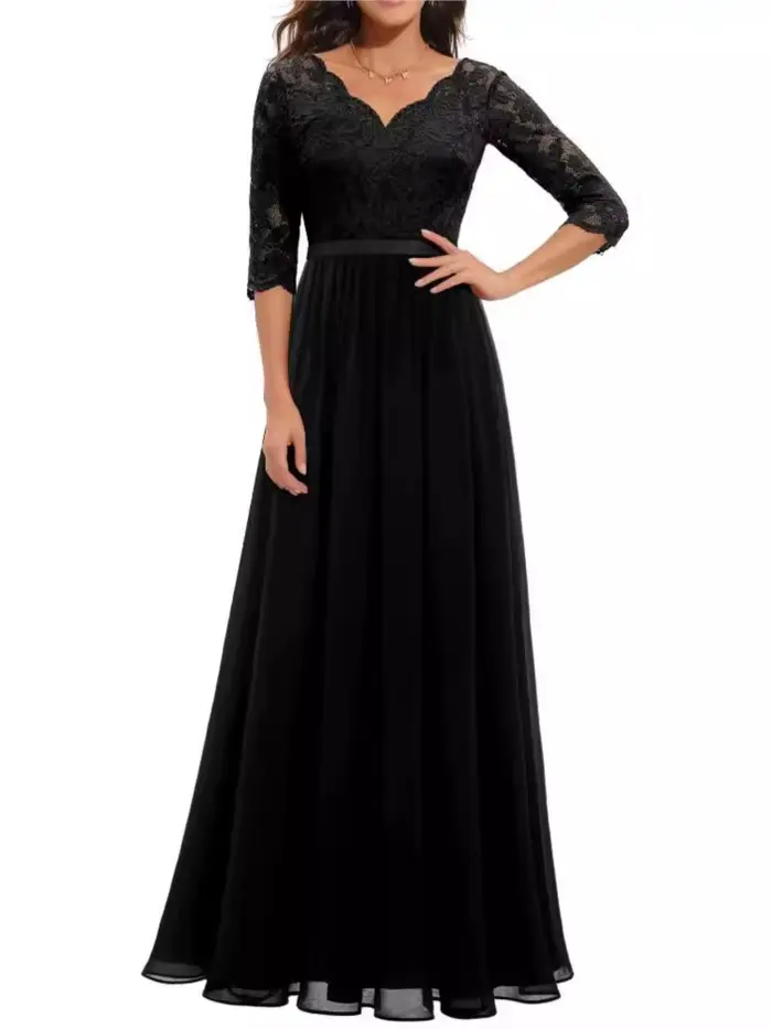 Robe ample femme élégante polyester col en V dentelle trois quarts bureau dame printemps été occasions spéciales soirée
