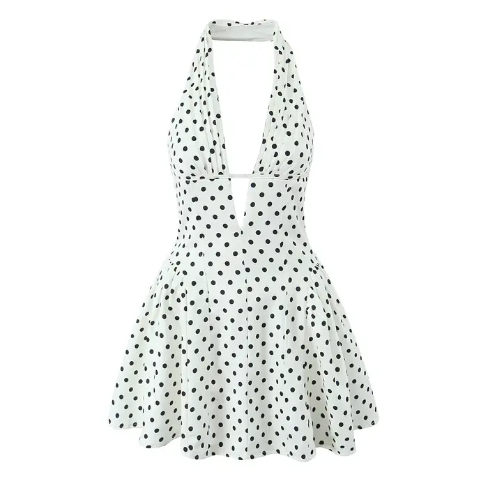 YENKYE-Robe trapèze dos nu à pois pour femmes, Mini robes, Robe d'été, Col licou en V profond, Mince