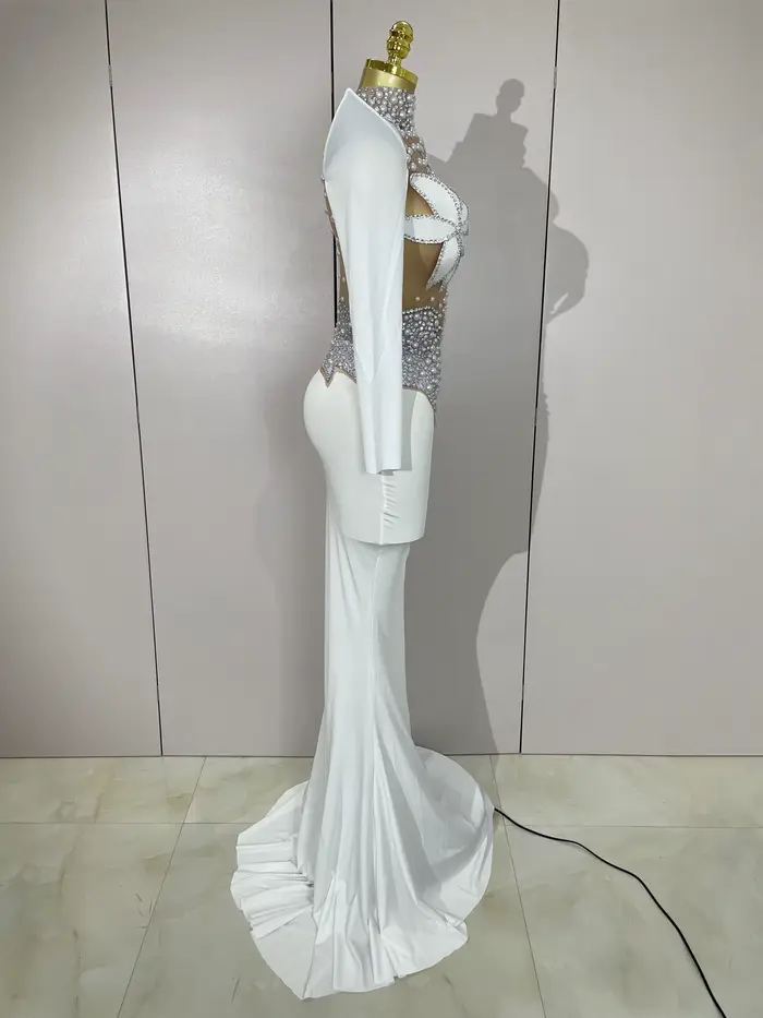 Robe longue de luxe en maille transparente pour femmes, diamants scintillants, blanc perle, robe de