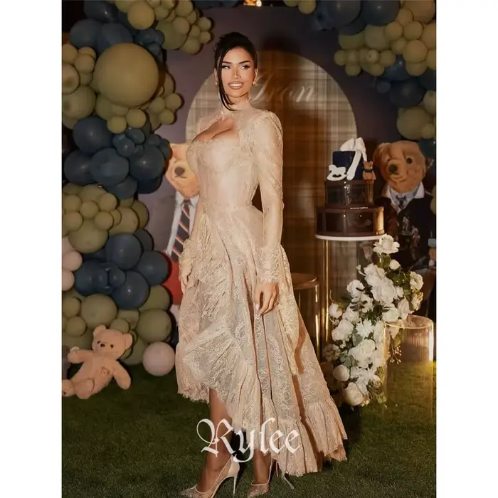 Robes de bal Rylee en dentelle, coupe asymétrique, manches longues évasées, élégantes, personnalisées, formelles, de soirée, coupe trapèze, longueur ras du sol, vestidos de fiesta 2026