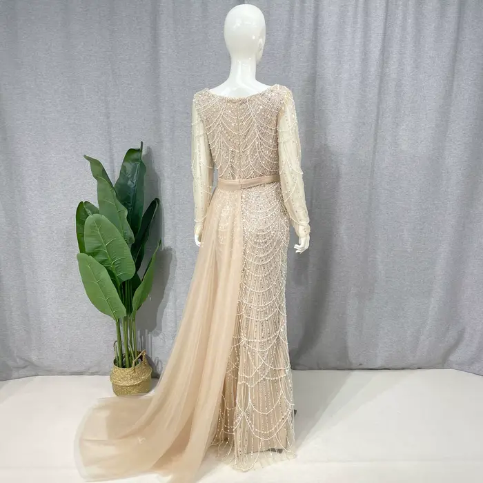 Robe Sirène Élégante à Manches avec Traîne Amovible pour Femmes Musulmanes, Paillettes, Perles, Soirée Officielle, Occasions Spéciales