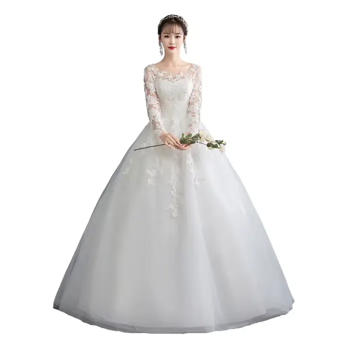 Robe de mariée à lacets brodée en voile, dentelle et organza, taille personnalisée, princesse, longueur au sol, col rond, manches longues, occassion spéciale