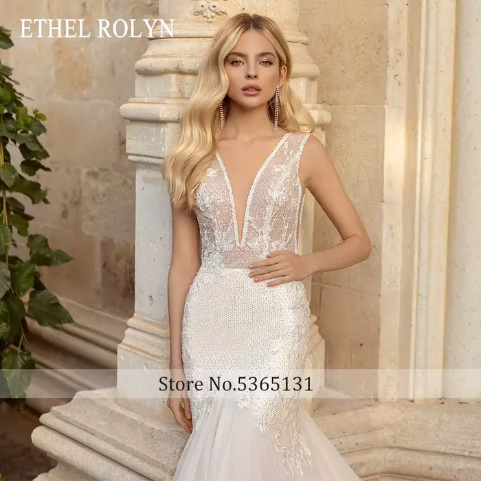 ETHEL ROLYN robe De mariée sirène chic col en v perlé dentelle Appliques dos nu