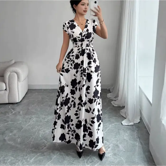 Robes pour femmes 2026 – Nouvelle robe longue imprimée à manches courtes et col en V avec laçage
