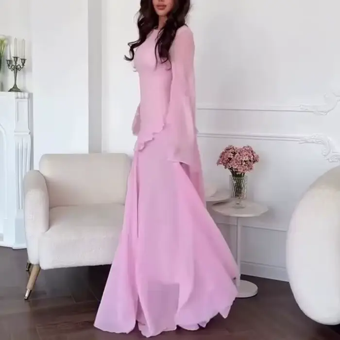 Robe élégante en polyester avec volants, col rond, à nouer, idéale pour soirée, mariage et occasions spéciales pour femme