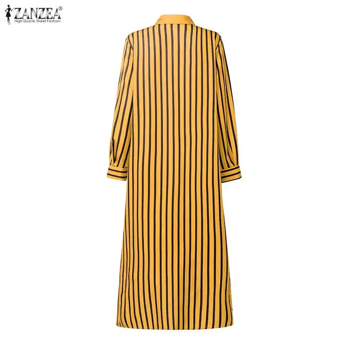 Robe longue ZANZEA à col rabattu pour femmes, rayures contrastées, manches longues, boutonnée, printemps été, polyester élasthanne, occasions spéciales ```