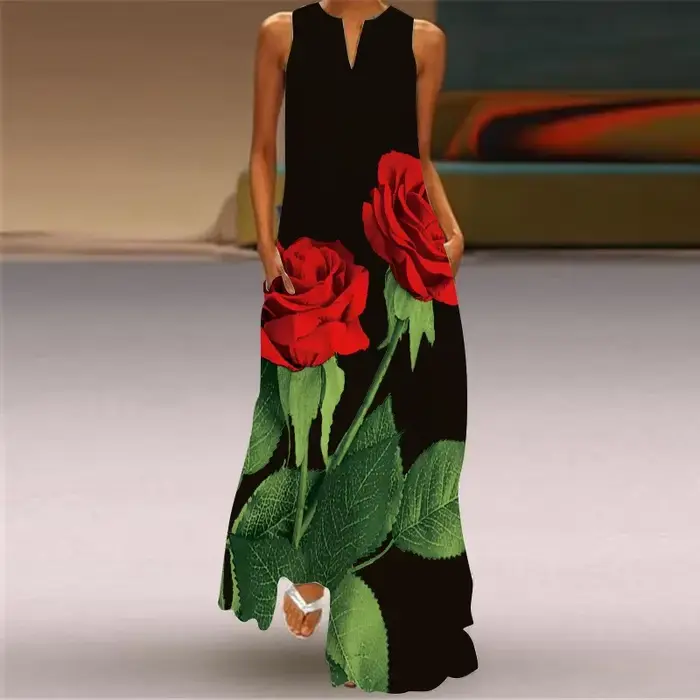 Robe imprimée rose rouge décontractée pour femmes, été, sans manches, col en V, avec poches, idéale pour la plage et les soirées, disponible en plusieurs tailles et couleurs