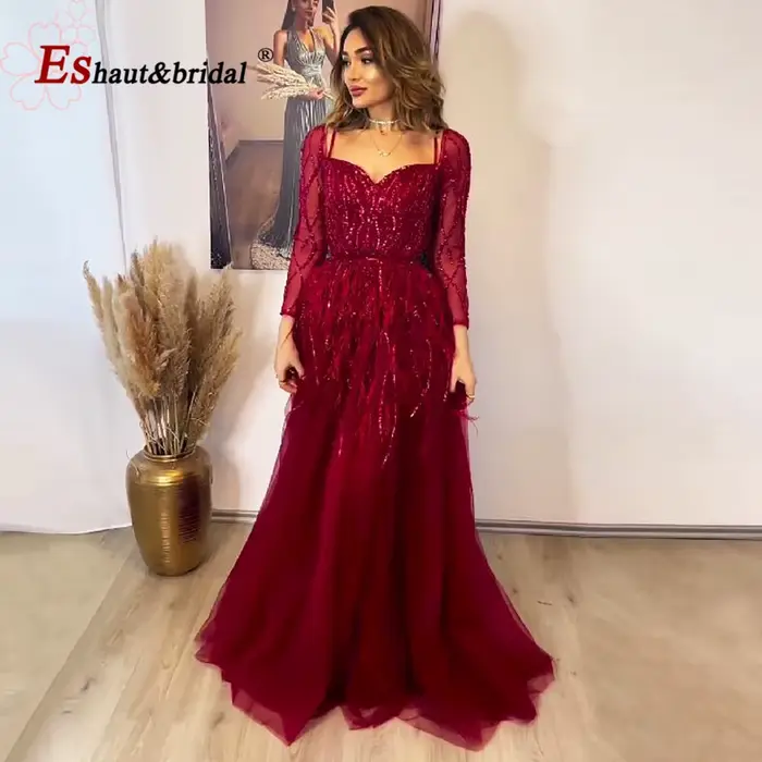 Robe de Soirée Élégante en Plumes pour Femme 2026, Col en V, Perles, Manches Longues, Fente Latérale, Coupe A-line, Robe de Cérémonie Formelle pour Mariage, Bal de Promo, Fête, Personnalisable