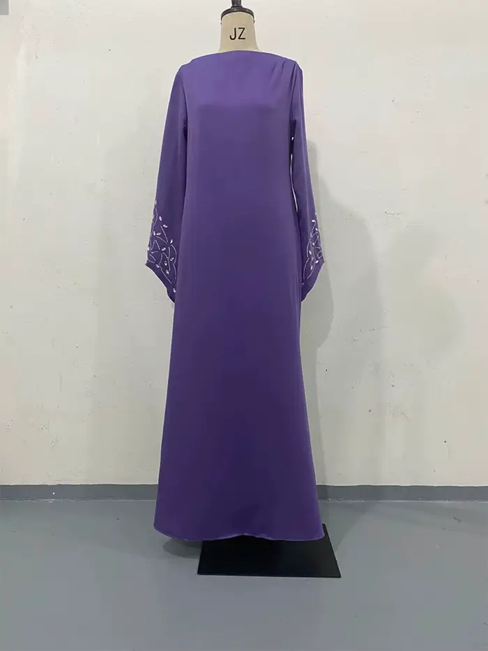Robe de soirée droite arabe violette, couleur unie, manches longues perlées, robe de bal moderne pou