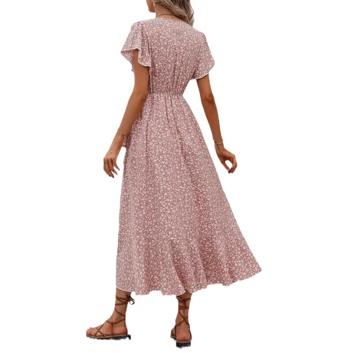 Robe d'été pour femmes, sexy, col en V, manches courtes, taille haute irrégulière, à lacets, imprimé floral, robes de plage décontractées
