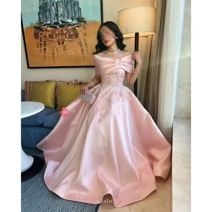Cathy personnalisé rose épaules dénudées paillettes Appliques robes de bal a-ligne à lacets vestidos