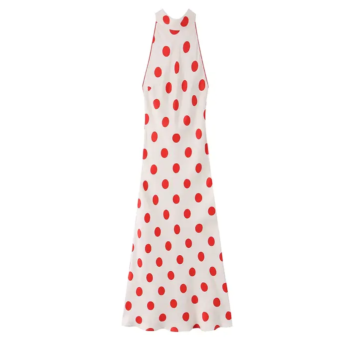 Robe longue à pois pour femme, col halter, sans manches, élégante, rouge à pois, style vintage franç