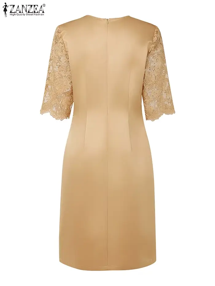 Robe élégante en polyester avec dentelle pour femmes, style bureau-dame, longueur aux genoux, col rond, fermeture éclair, occassions spéciales