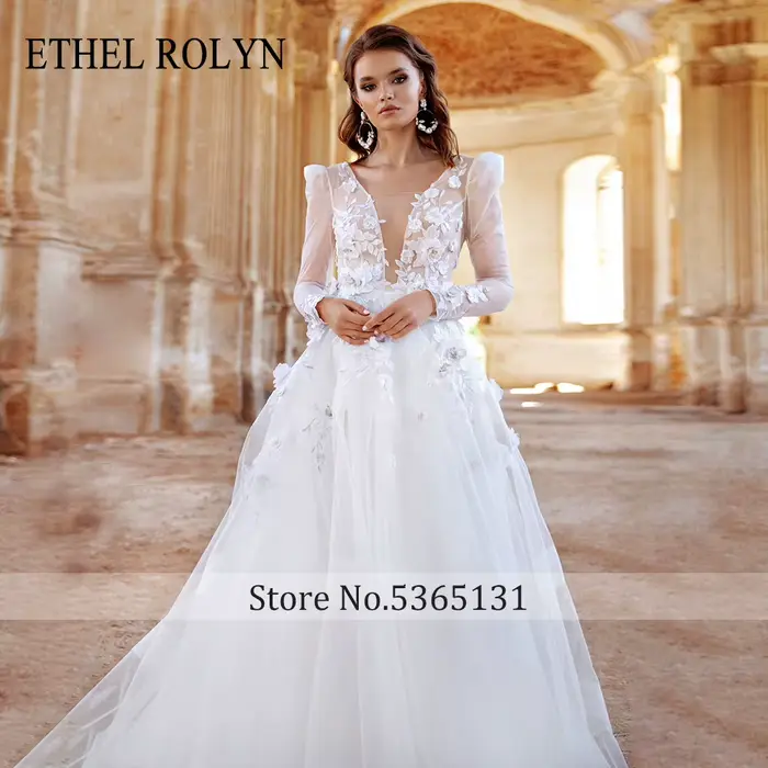 Robe de mariée Ethel Rolyen en dentelle à manches longues princesse illusion fleurs et appliques pour femmes occasions spéciales