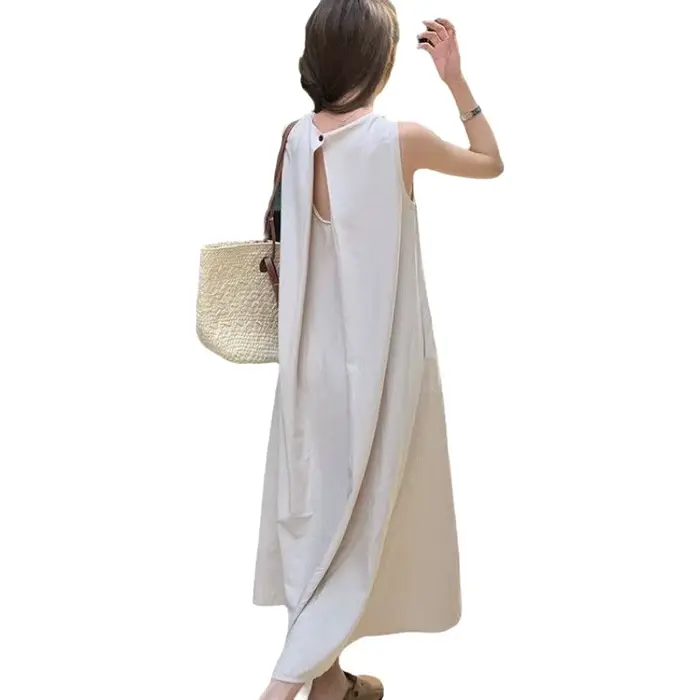 Robe longue de plage sans manches et dos nu pour femme, coupe ample, blanche, en fibre de polyester, col rond, jupe trapèze pour les vacances d'été occasions spéciales