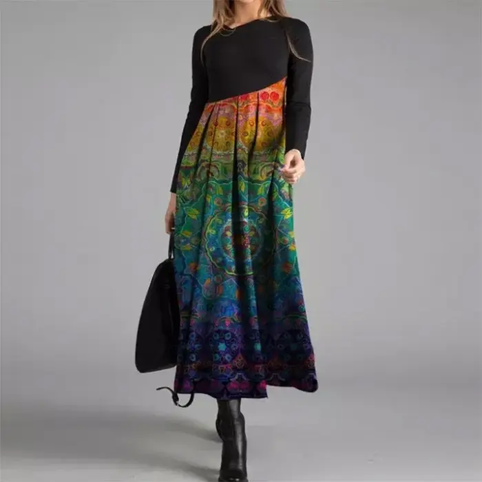 Robe longue vintage à col en V pour femmes