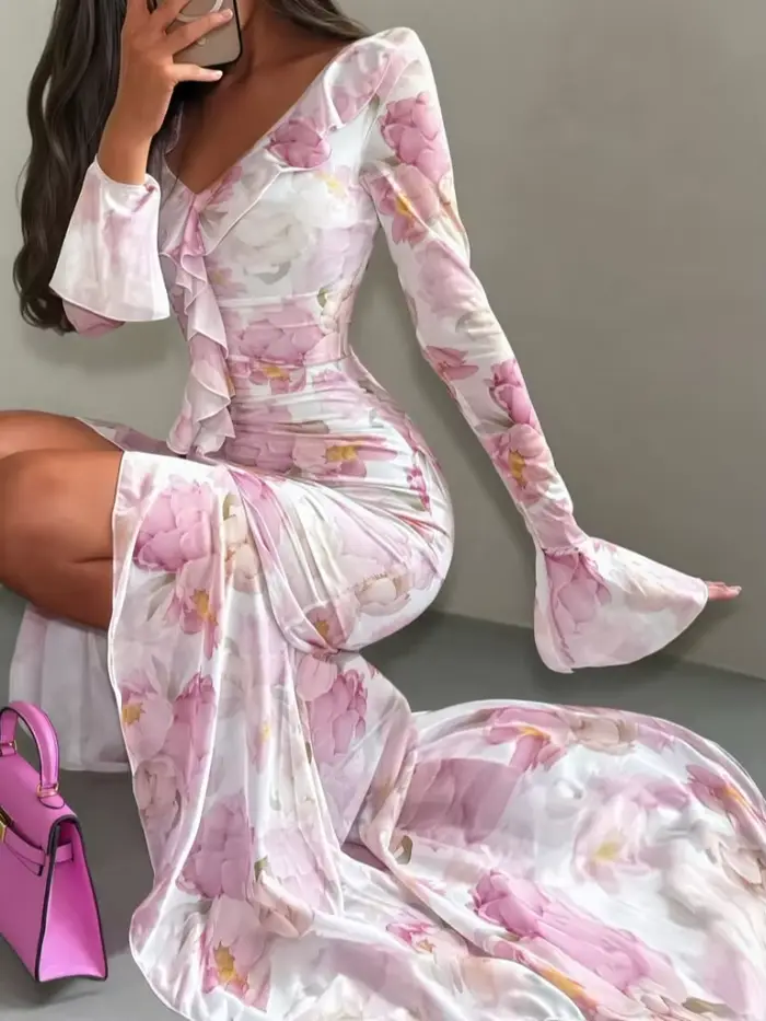 Robe longue élégante rose à imprimé floral col en V pour femmes occasions spéciales soirée gala romantique