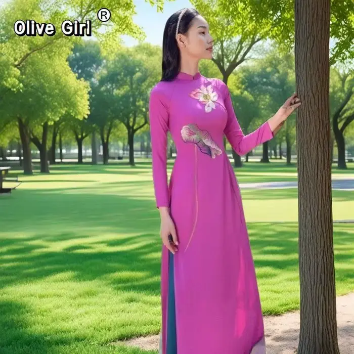 Robe traditionnelle vietnamienne Aodai en polyester Olivegirl pour femmes, occaseions spéciales, élégance et sophistication