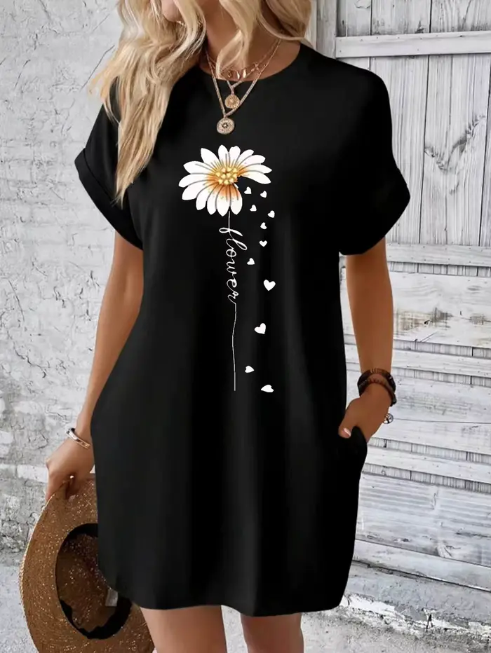Robe noire à manches courtes avec des imprimés floraux créatifs. Idéal pour les sorties nocturnes. A