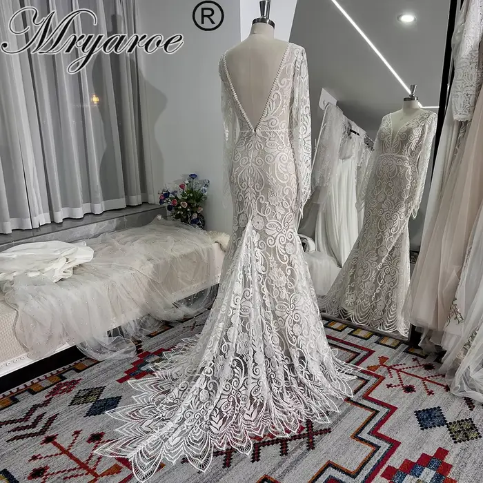 Zelyarce-Robe de mariée bohème en dentelle, manches longues, col plongeant, dos ouvert, patients, qu