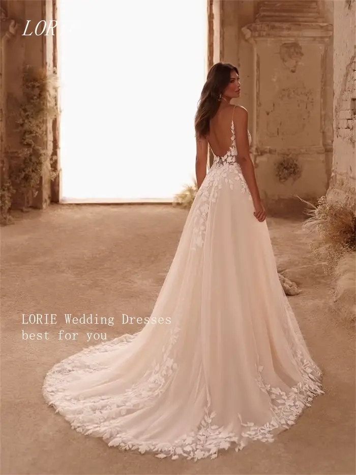 LORIE luxe 3D dentelle une ligne robe de mariée col en V dos nu robes