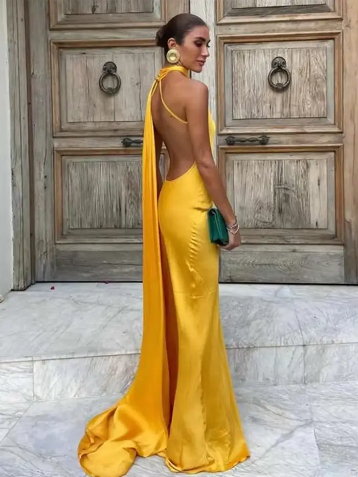 Robe longue dos nu à lacets pour femmes maxi collicollier écharpe couleur unie sans manches tenue de soirée nouvelle collection 2024