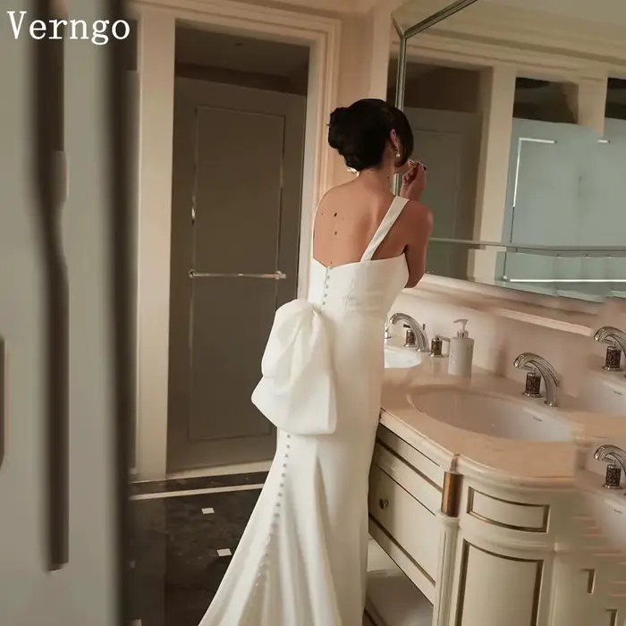 Robe de Mariée de Luxe Verngo avec Nœud, Bretelles Spaghetti, Coupe Sirène, Personnalisable pour Bal de Promo ou Cérémonie Civile Occasions Spéciales