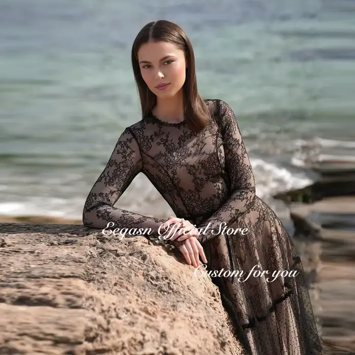 Robe de Soirée en Dentelle à Manches Sulfet Col Rond pour Femme Occasions Spéciales Mariage Personnalisée Taille Naturelle Longueur au Sol Tricoter