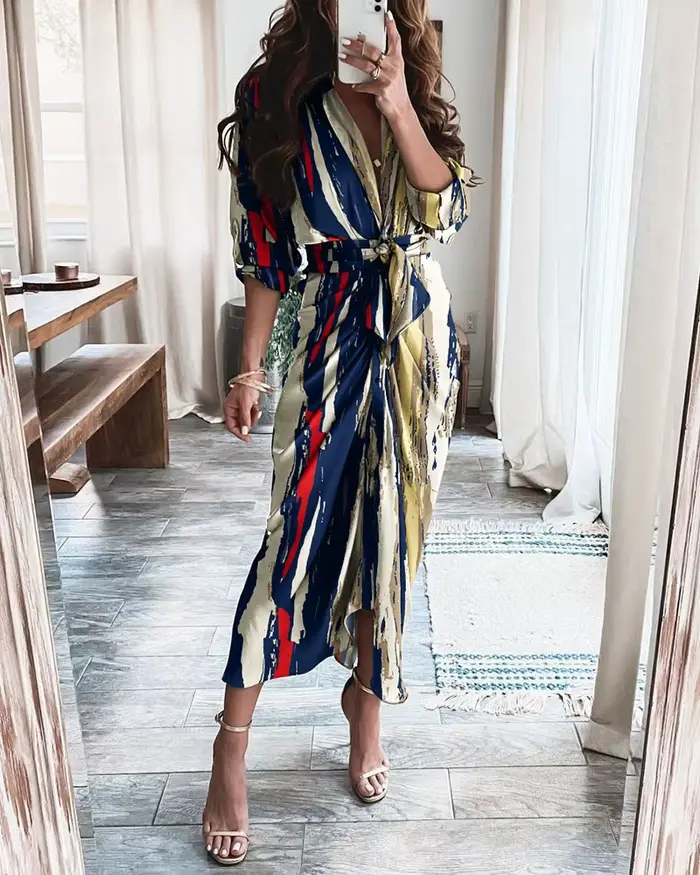 Robe midi chic à imprimé géométrique et léopard