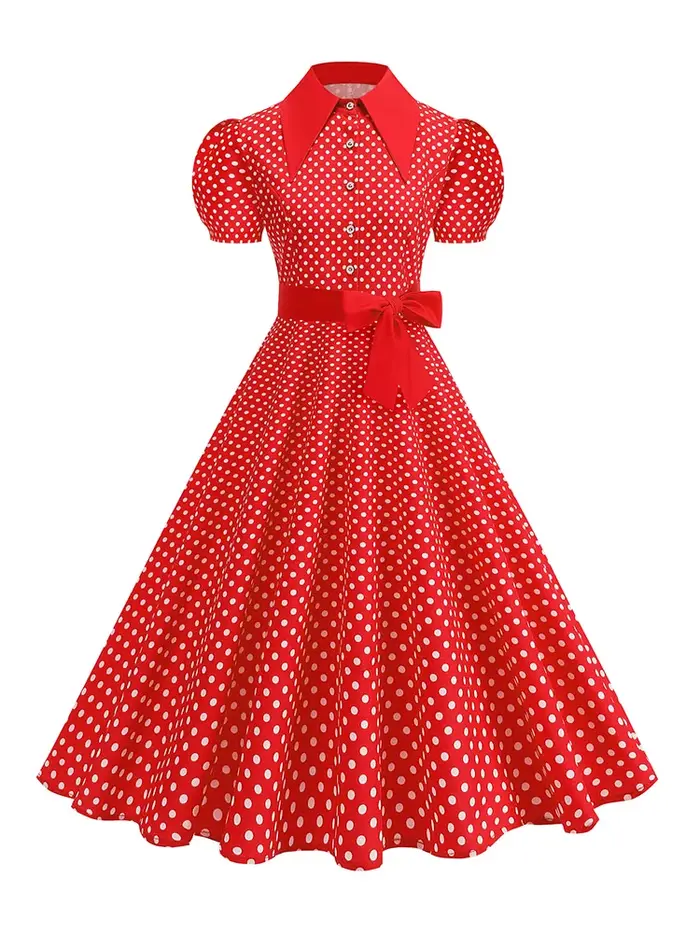 Robe à pois élégante avec ceinture à nœud pour femmes, coupe régulière, longueur mi-longue, imprimé rétro tendance, printemps/été