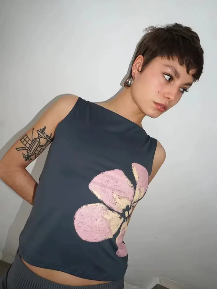 Débardeur court imprimé floral pour femmes, ajusté, col bateau, sans manches, haut d'été pour fête, 