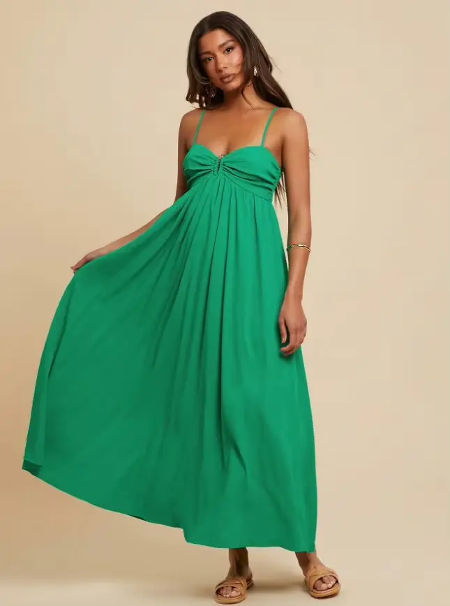 Robe de plage style bohème à bretelles sexy décolletée, jupe midi évasée en polyester tricoté, décon