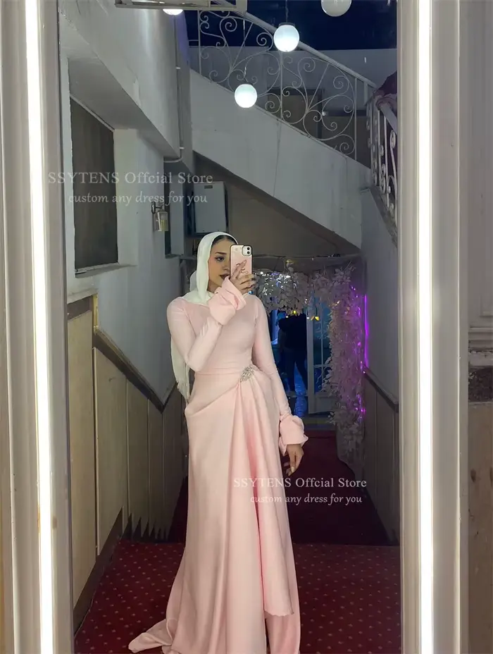 SSYTENS – robe de soirée musulmane Chic, asymétrique, en mousseline de soie, manches longues, perles, rose modeste, dubaï, personnalisée