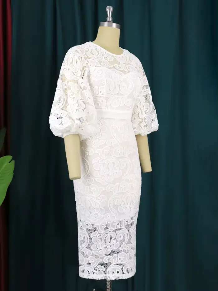 Robe crayon mi-longue en dentelle à manches lanterne pour femme