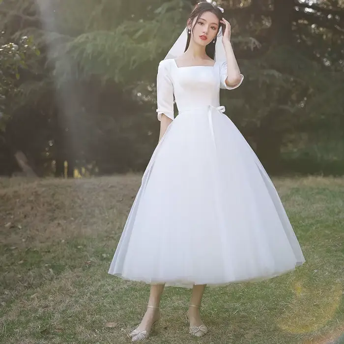 Robe de Mariée Légère et Petite à Manches Mi-sulf