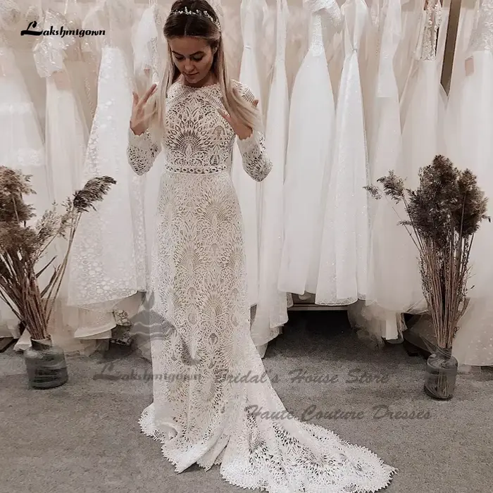 Yanshmigown-Robe de mariée sirène en dentelle bohème de luxe, manches longues, sexy, patients, maria