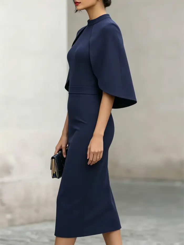 Robe midi élégante à col haut et manches cape