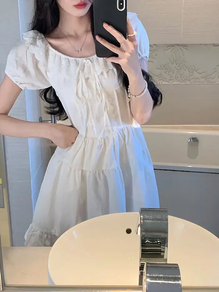 Dentelle Patchwork robes femmes doux Preppy à lacets une ligne Mini robe coréenne décontracté volants mince à manches