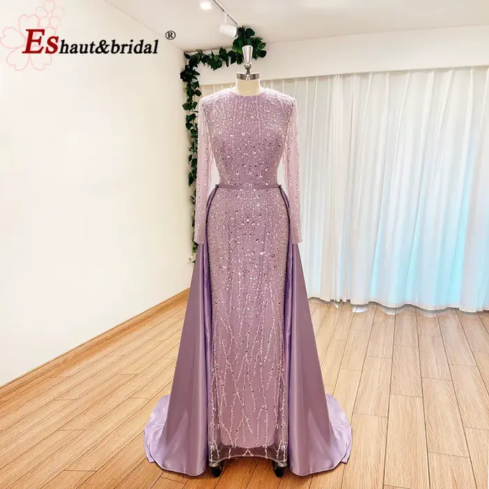 Robe de soirée musulmane élégante col rond manches longues style sirène traîne détachable paillettes robe de bal personnalisée occasions spéciales