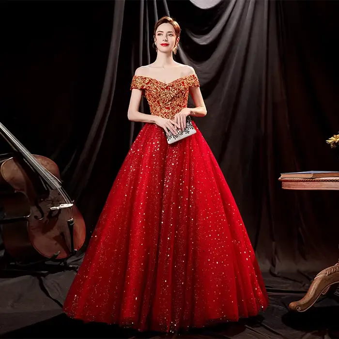 Robe de bal rouge mariée mariage Toast Solo scène Performance