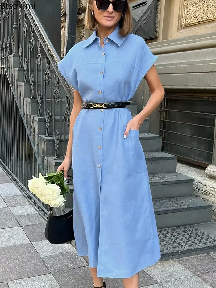 Robe longue d'été élégante pour femme en coton et lin, taille haute, à lacets, style chemise à revers, pour le bureau ou les loisirs